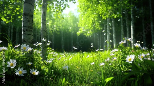 Lush green forest with daisies under bright sunlight.