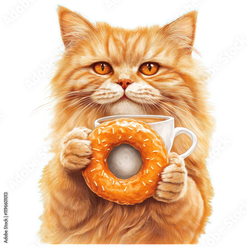 Adorable ginger cat holding a cup of coffee and a donut, showcasing a cozy and playful atmosphere perfect for food and pet lovers, ideal for quirky illustrations