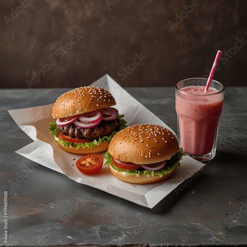 two burgers and a milkshake   photo