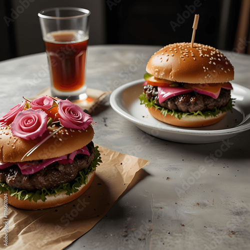 burger decorated with flowers for valentine's day  photo