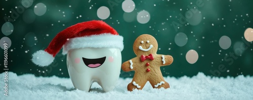 cute tooth wearing a Santa hat standing beside a gingerbread man solid dark green felt background with snowy accents whimsical holiday themes, dental health, or seasonal decorations