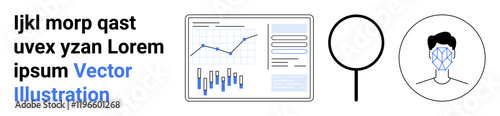 Business dashboard with charts and graphs, magnifying glass icon, human face silhouette with facial recognition gridlines. Ideal for data analysis, business intelligence, AI, machine learning, facial