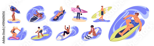 Set of happy people surfing, catching a wave. Surfers ride on board at sea, do stunts, tricks with surfboard on ocean. Summer on beach resort. Flat isolated vector illustrations on white background