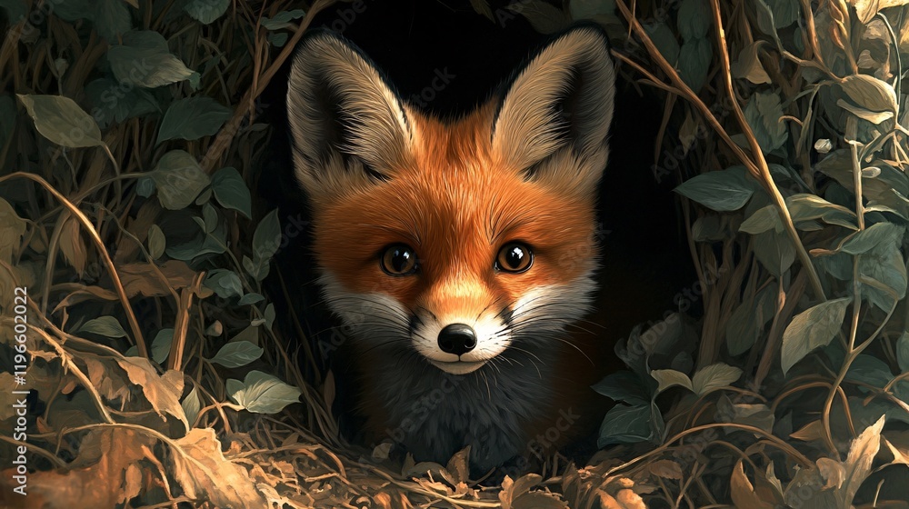 Obraz premium Young fox peeking from tree hollow in lush nature environment captivating wildlife moment