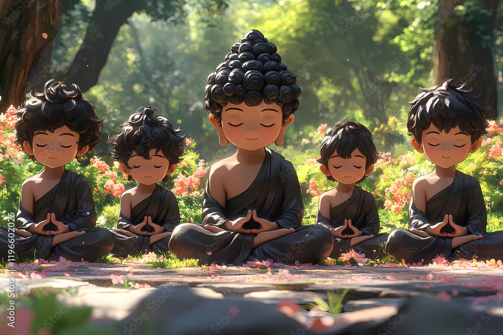 Children meditating in front of a Buddha statue in a blooming garden. An atmosphere of tranquility and spiritual growth Children meditating in front of a Buddha statue in a blooming garden. An atmosphere of tranquility and spiritual growth