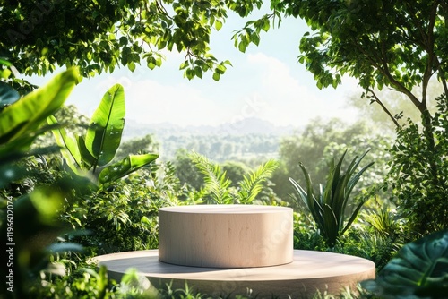 A natural stone podium surrounded by lush greenery, vibrant plants, and sunlight, blending rustic elegance with serene outdoor beauty. photo