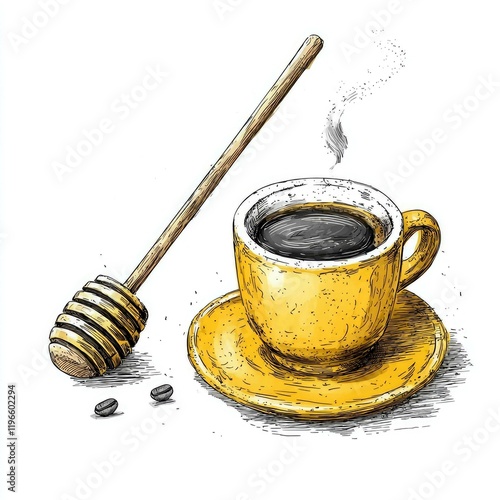 Aromatic Coffee with Honey: A Hand-Drawn Illustration of a Steaming Cup of Coffee and Honey Dipper. Perfect for Coffee Lovers and Foodies. photo