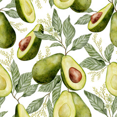 Acrylglasbilder Küchenmuster Aquarell Avocados mit Blüten Muster  © Daryartsy