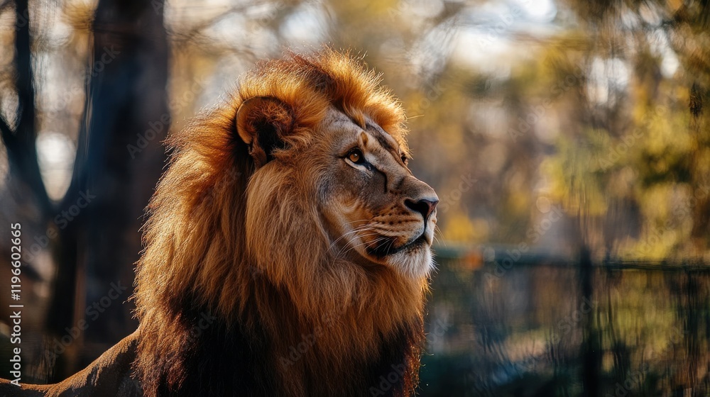 Obraz premium Majestic lion in a zoo setting.