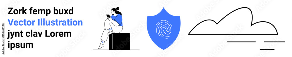 Woman sitting on a black box using a laptop, blue shield with fingerprint, and minimalist cloud icon with partial sky. Ideal for technology, security, cloud computing, data privacy, digital identity Woman sitting on a black box using a laptop, blue shield with fingerprint, and minimalist cloud icon with partial sky. Ideal for technology, security, cloud computing, data privacy, digital identity