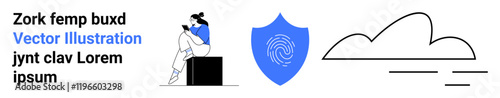 Woman sitting on a black box using a laptop, blue shield with fingerprint, and minimalist cloud icon with partial sky. Ideal for technology, security, cloud computing, data privacy, digital identity