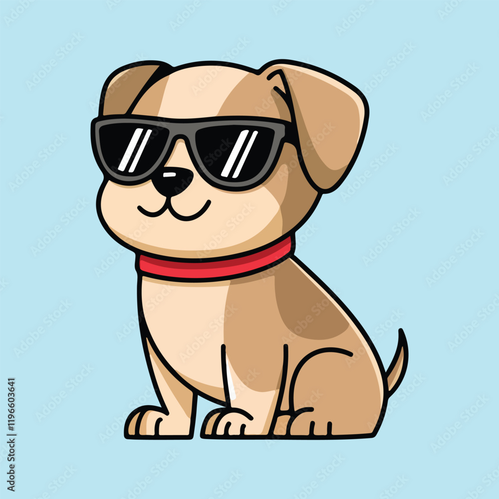 Naklejka premium Cute Cartoon Puppy Wearing Sunglasses and Red Collar