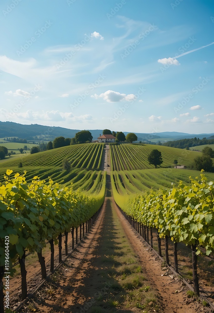 Naklejka premium Vineyard House Hillside Rows Green Landscape