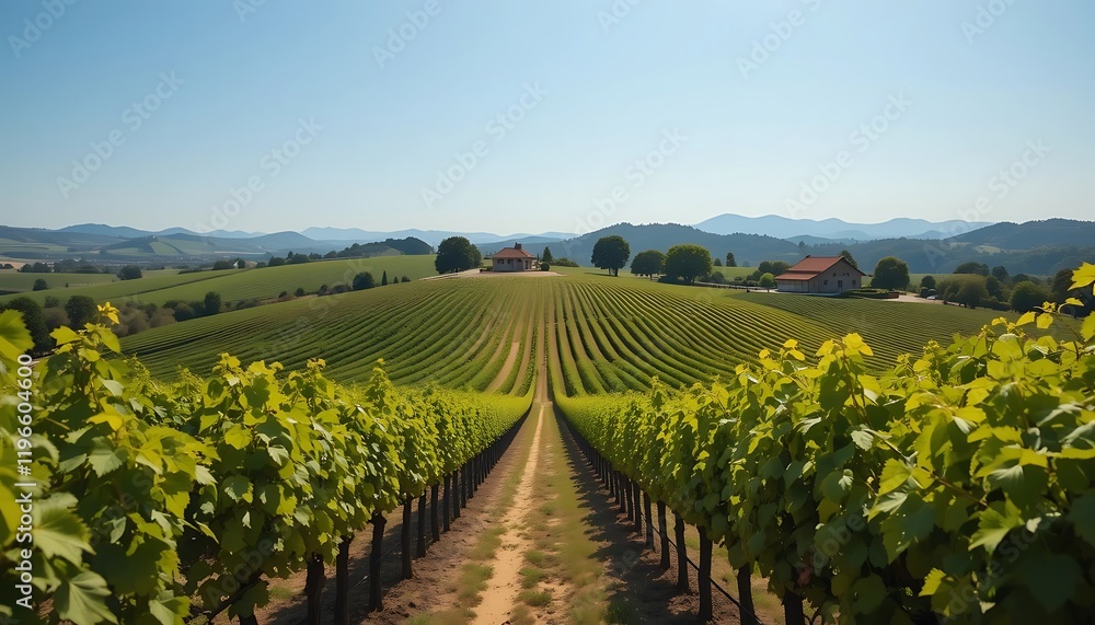 Naklejka premium Vineyard Rows Leading To Houses And Distant Mountains