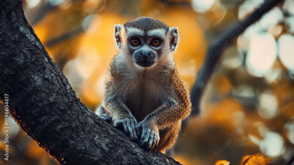 Naklejka premium A young monkey sits on a tree branch.
