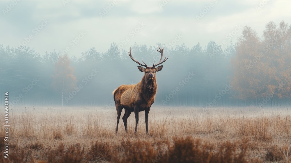 Fototapeta premium Majestic stag in foggy autumn field.