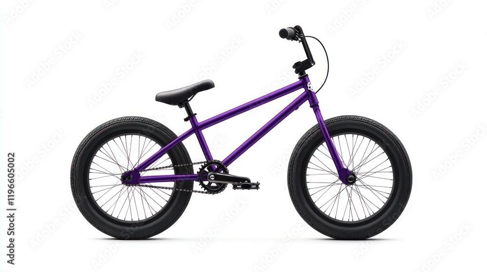 Fototapeta premium Purple BMX bike with black tires and components, isolated on white background.