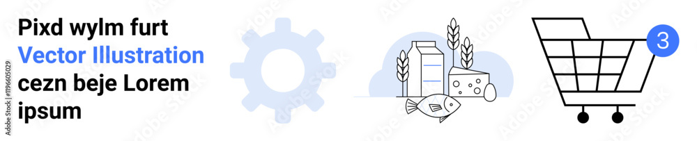 Gear wheel, dairy products, cart with indicator. Ideal for e-commerce, groceries, manufacturing, technology, retail, supply chain, automation. Landing page Gear wheel, dairy products, cart with indicator. Ideal for e-commerce, groceries, manufacturing, technology, retail, supply chain, automation. Landing page