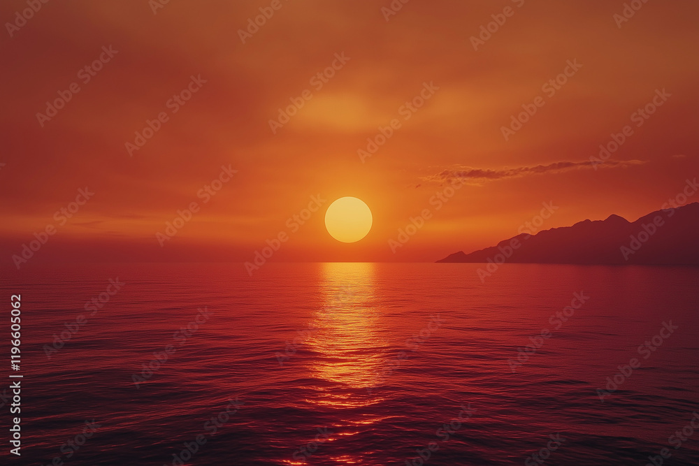Hyper-realistic red sunset over the sea with a large glowing sun centered in the frame, casting warm orange and red hues across the sky and water, creating a cinematic and serene atmosphere Hyper-realistic red sunset over the sea with a large glowing sun centered in the frame, casting warm orange and red hues across the sky and water, creating a cinematic and serene atmosphere