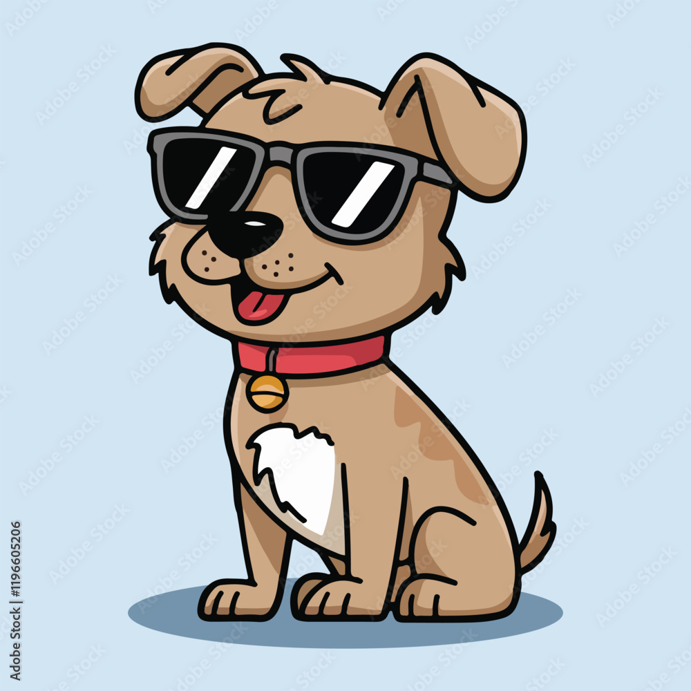 Naklejka premium Cute Dog Wearing Sunglasses and Red Collar