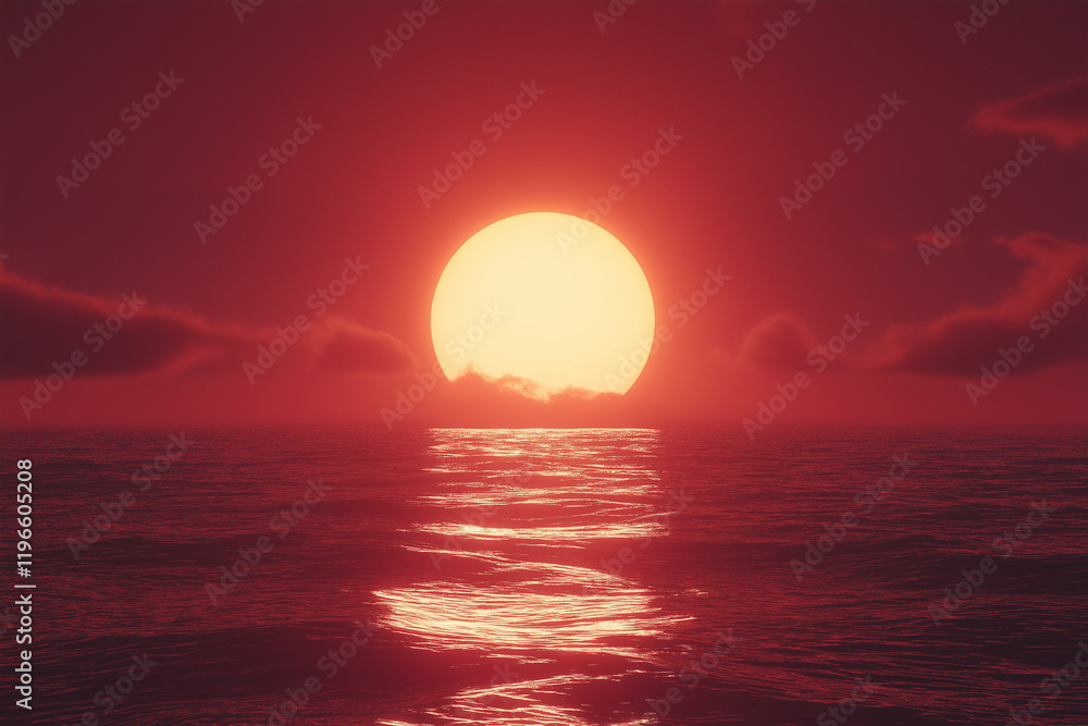 Hyper-realistic red sunset over the sea with a large glowing sun centered in the frame, casting warm orange and red hues across the sky and water, creating a cinematic and serene atmosphere Hyper-realistic red sunset over the sea with a large glowing sun centered in the frame, casting warm orange and red hues across the sky and water, creating a cinematic and serene atmosphere