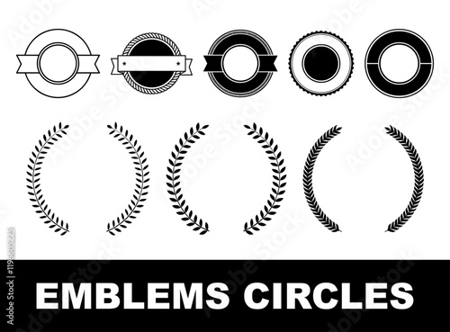 Black and white emblems, circular logos, minimalist design, laurel wreaths, geometric shapes, vintage stamps, heraldic symbols, monochrome badges, clean lines, sharp contrast, vector graphics