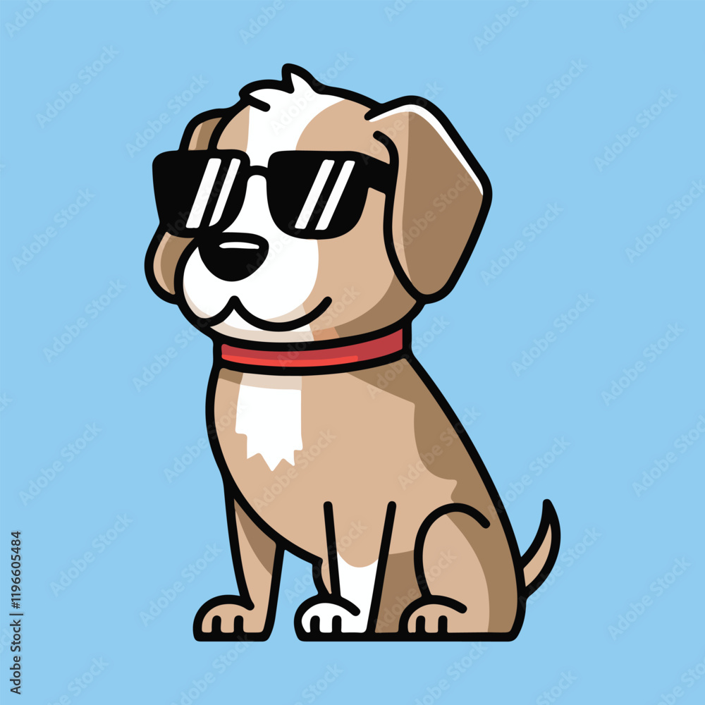 Fototapeta premium Cute Dog Wearing Sunglasses and Red Collar Sitting Alone