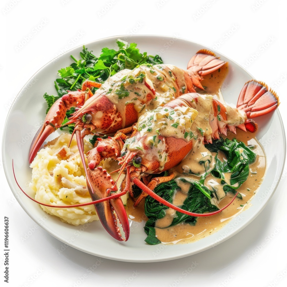 A plate of lobster thermidor with creamy sauce, served with garlic mashed potatoes and saut鑼卐d spinach, isolated white background A plate of lobster thermidor with creamy sauce, served with garlic mashed potatoes and saut鑼卐d spinach, isolated white background