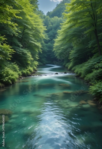 Serene River Flows Through Lush Green Forest Canopy