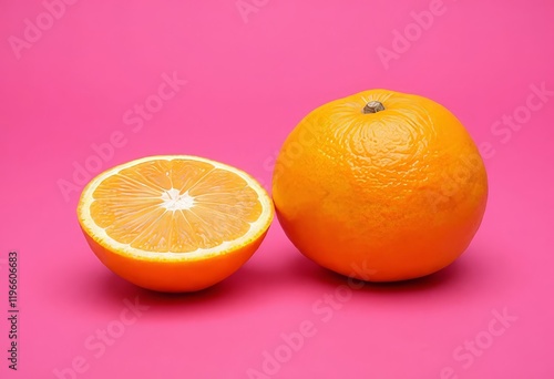 One whole orange and one half orange on pink background photo