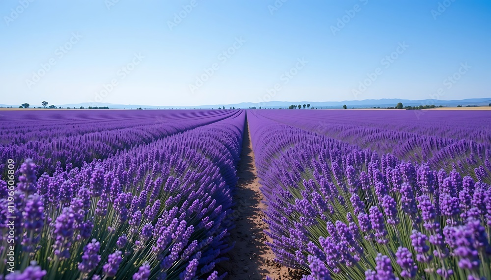 Fototapeta premium Lavender Fields Stretch to Distant Hills Under a Blue Sky