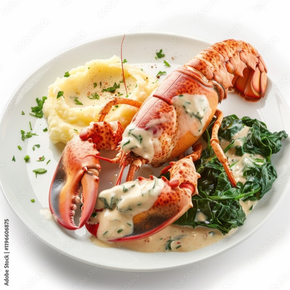 A plate of lobster thermidor with creamy sauce, served with garlic mashed potatoes and saut鑼卐d spinach, isolated white background A plate of lobster thermidor with creamy sauce, served with garlic mashed potatoes and saut鑼卐d spinach, isolated white background