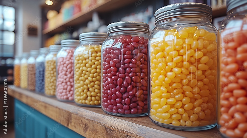Charming candy shop display glass jars filled with bright and colorful jelly beans lollipops and sugar sticks Charming candy shop display glass jars filled with bright and colorful jelly beans lollipops and sugar sticks