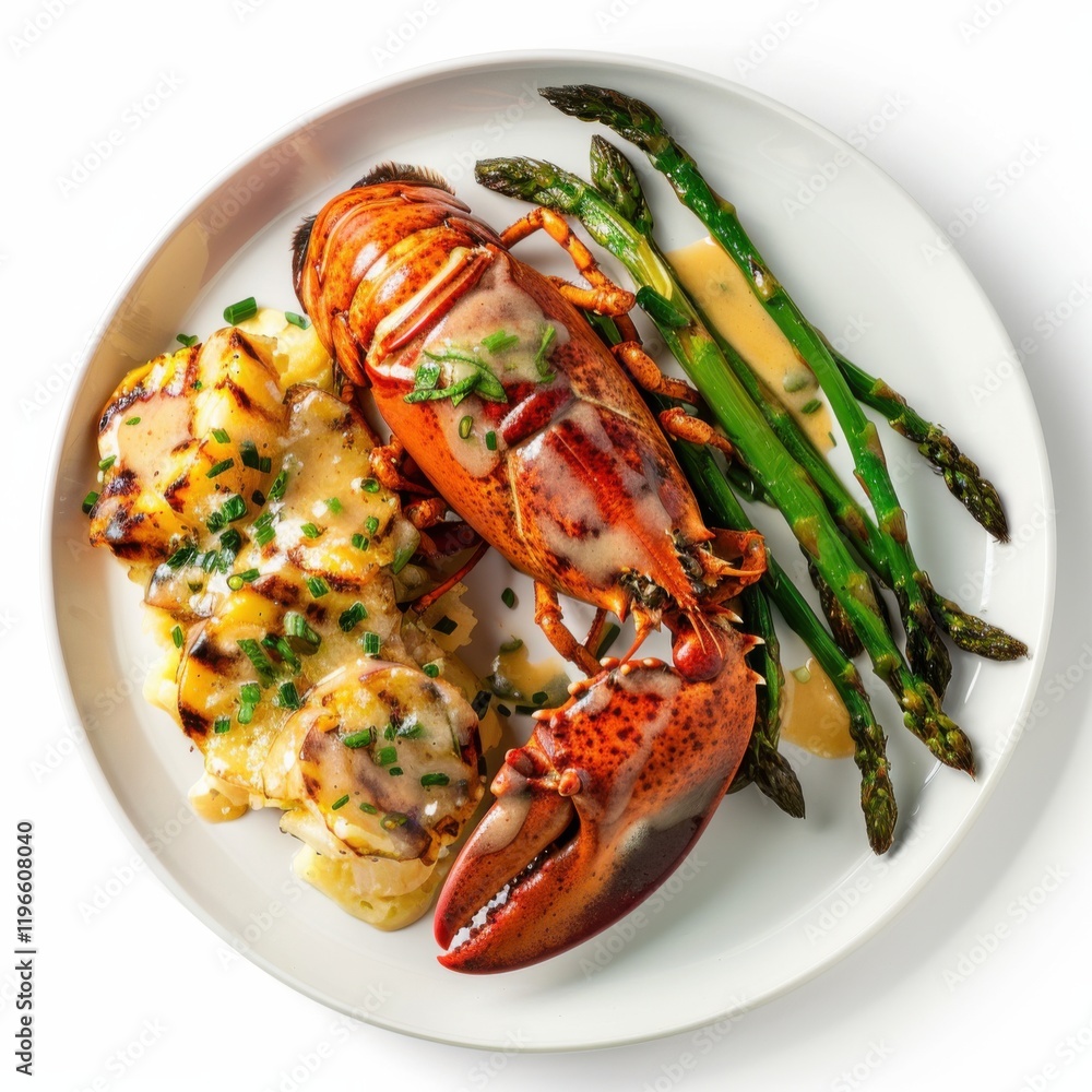 A plate of lobster thermidor with gratin potatoes and grilled asparagus, isolated white background, detailed art style A plate of lobster thermidor with gratin potatoes and grilled asparagus, isolated white background, detailed art style