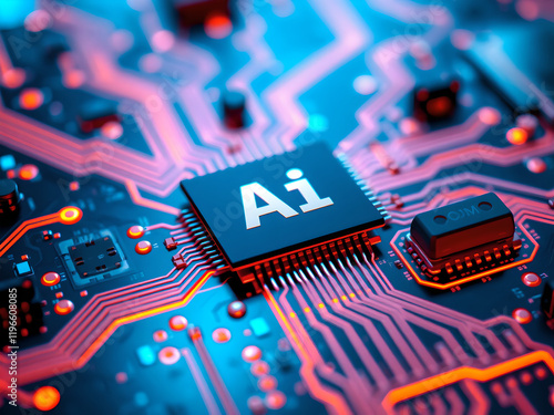 A glowing AI microchip rests on an intricate circuit board with vibrant red and blue lights, emphasizing the high-tech and futuristic design of artificial intelligence technology.