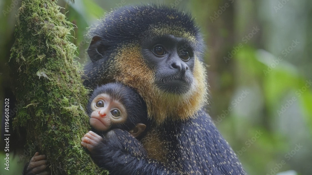 Fototapeta premium Mother monkey and baby embrace in lush jungle wildlife photography natural habitat close-up view