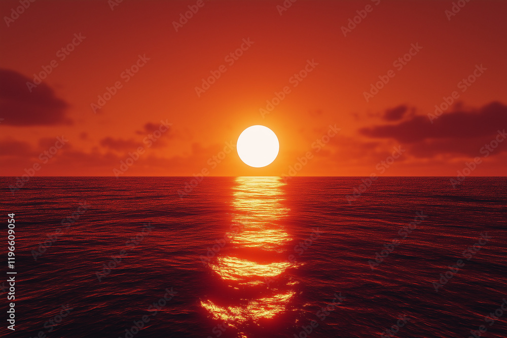 Hyper-realistic red sunset over the sea with a large glowing sun centered in the frame, casting warm orange and red hues across the sky and water, creating a cinematic and serene atmosphere Hyper-realistic red sunset over the sea with a large glowing sun centered in the frame, casting warm orange and red hues across the sky and water, creating a cinematic and serene atmosphere