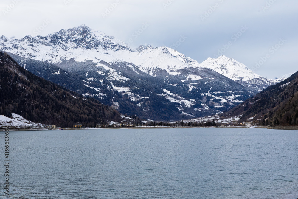 Le Prese - Miralago Poschiavo, mountain landscape in winter with snow Le Prese - Miralago Poschiavo, mountain landscape in winter with snow