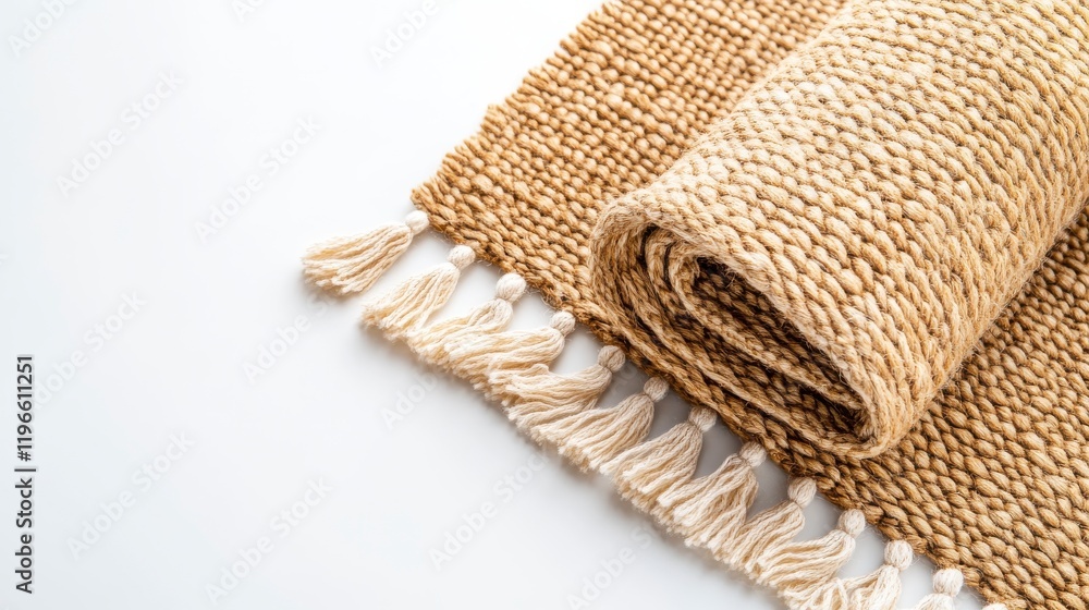 Natural Woven Rug with Fringe Details on a Light Background Natural Woven Rug with Fringe Details on a Light Background