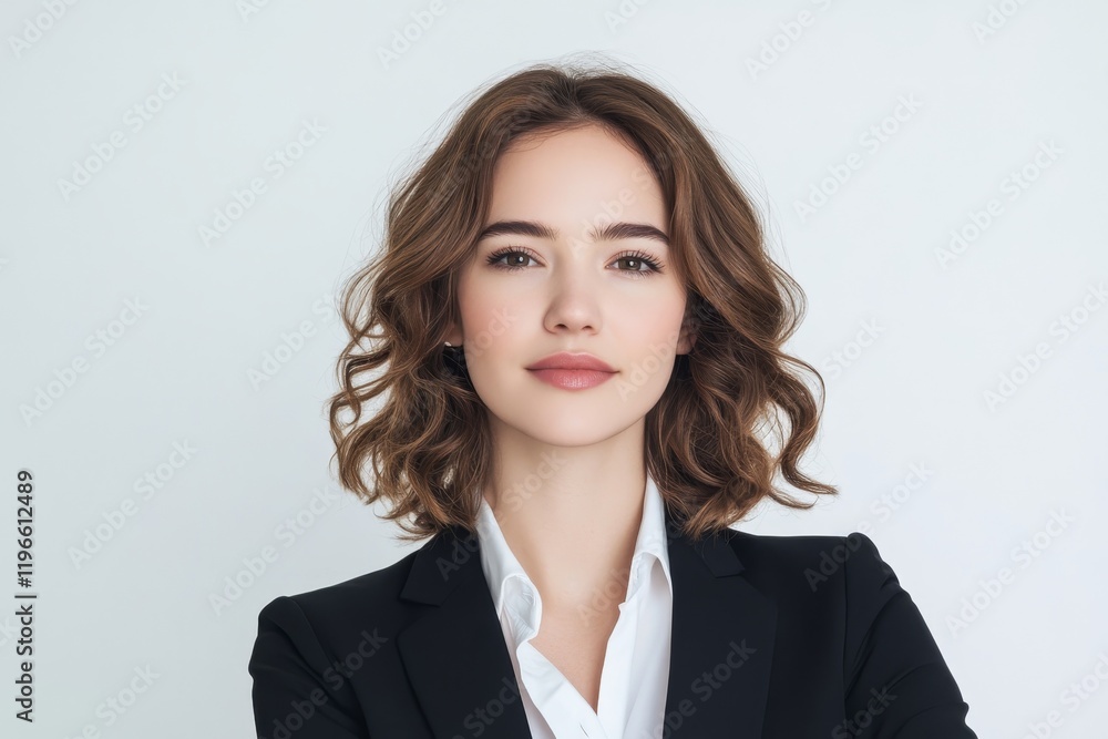 Perfect business lady. Beautiful young businesswoman looking at camera with smile while standing against white background, Generative AI Perfect business lady. Beautiful young businesswoman looking at camera with smile while standing against white background, Generative AI