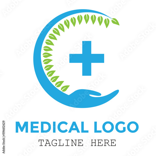 Green leaf with medical sign and hands care protection modern logo design