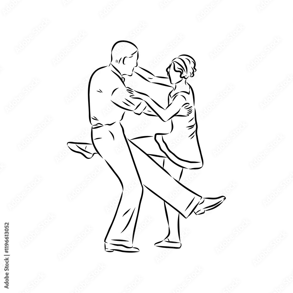 Fototapeta premium Couple in love dancing and having fun, hand drawn outline illustration. swing dance. vector