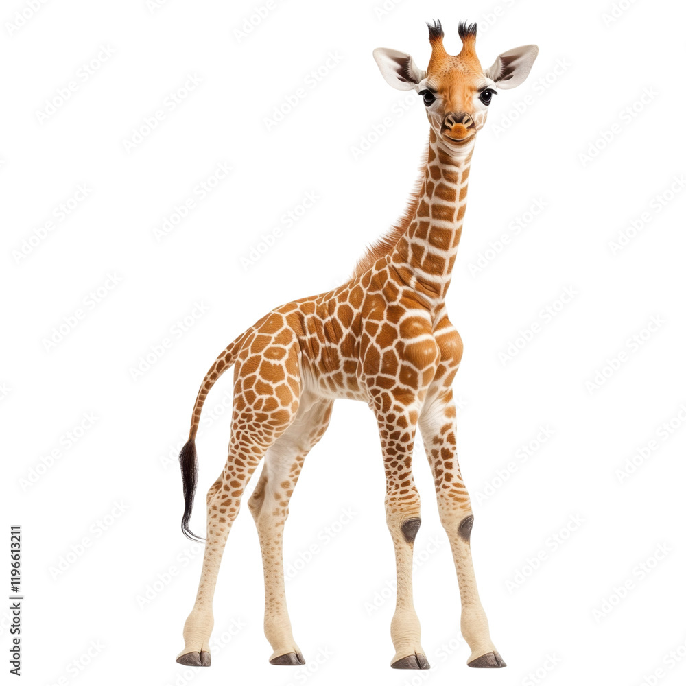Fototapeta premium young giraffe stands gracefully against transparency background, showcasing its distinctive spotted coat and long neck. This majestic animal embodies beauty of wildlife