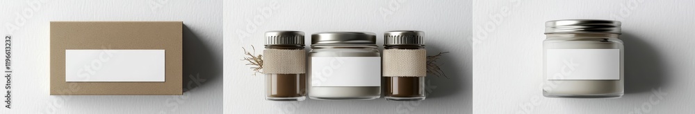 Mockup of kraft box, spice jars, and large jar with blank labels. Mockup of kraft box, spice jars, and large jar with blank labels.