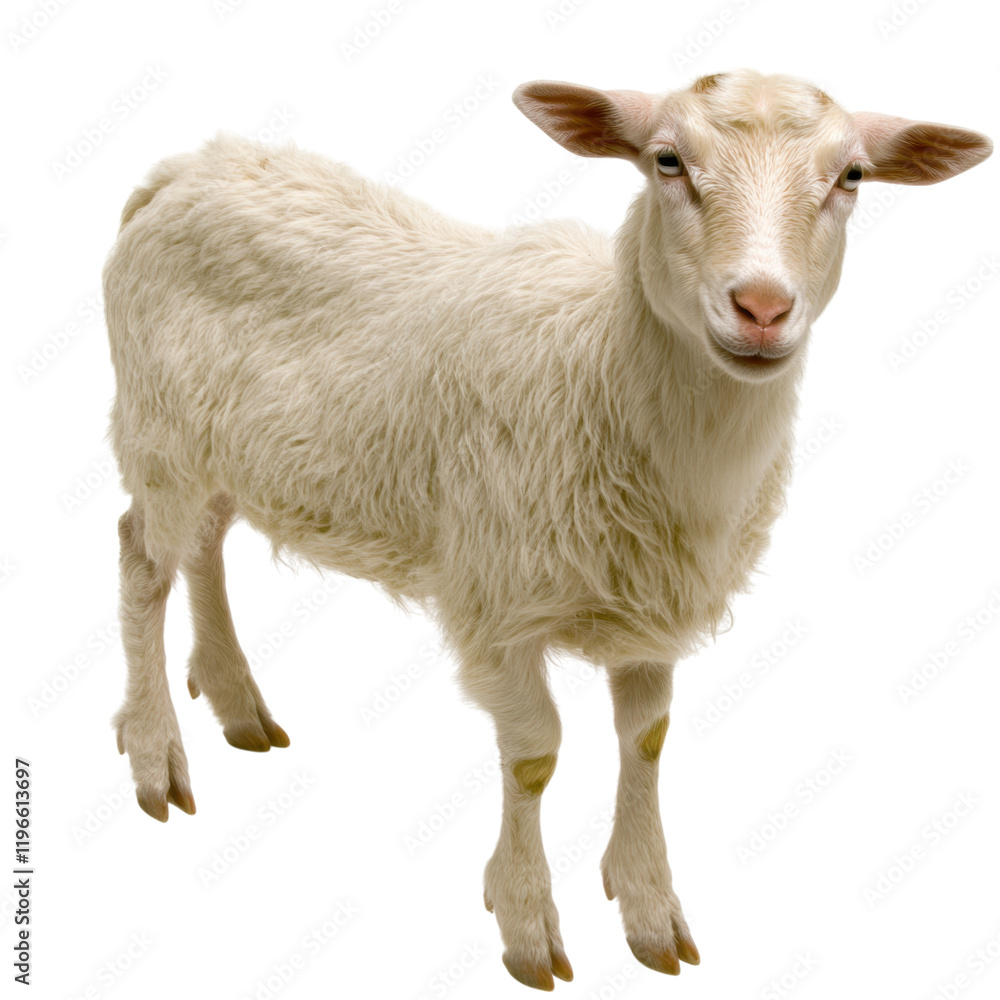 Obraz premium Fluffy white goat standing on transparency background, showcasing its soft fur and gentle expression. This adorable animal captures attention with its curious demeanor