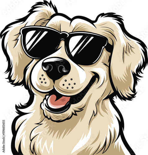  golden retriever dog vector smiling face with sunglasses | A cute Happy golden retriever dog face cartoon illustration, lab dog breed clip art element design with tongue out, Dog Face.