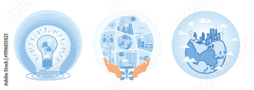 Sustainability and innovation concepts featuring green energy and future technologies.