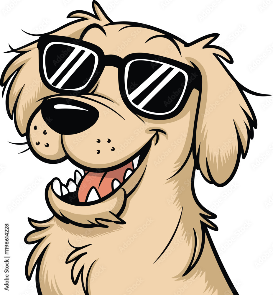 Obraz premium golden retriever dog vector smiling face with sunglasses | A cute Happy golden retriever dog face cartoon illustration, lab dog breed clip art element design with tongue out, Dog Face.