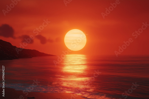 Hyper-realistic red sunset over the sea with a large glowing sun centered in the frame, casting warm orange and red hues across the sky and water, creating a cinematic and serene atmosphere