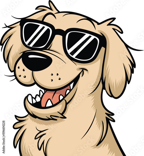  golden retriever dog vector smiling face with sunglasses | A cute Happy golden retriever dog face cartoon illustration, lab dog breed clip art element design with tongue out, Dog Face.